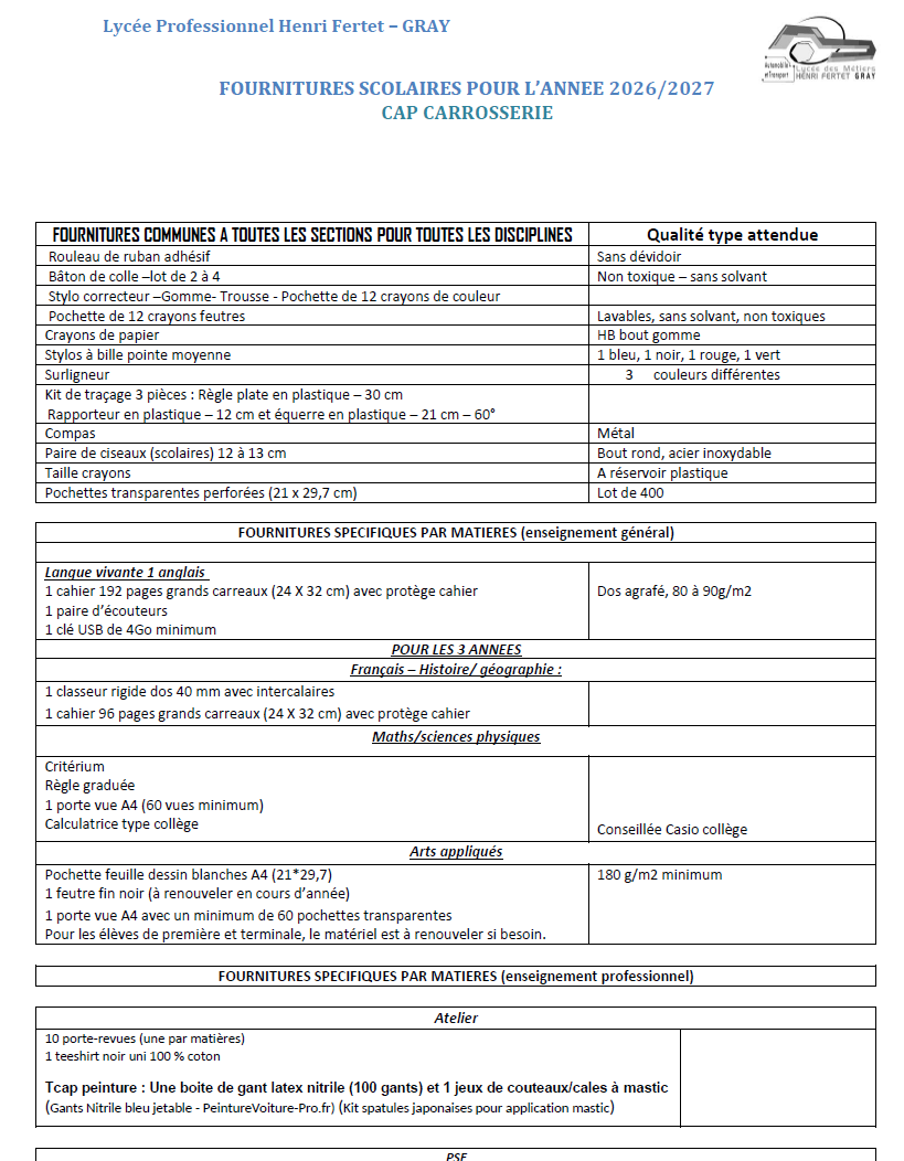 FOURNITURES SCOLAIRES CAP 2026